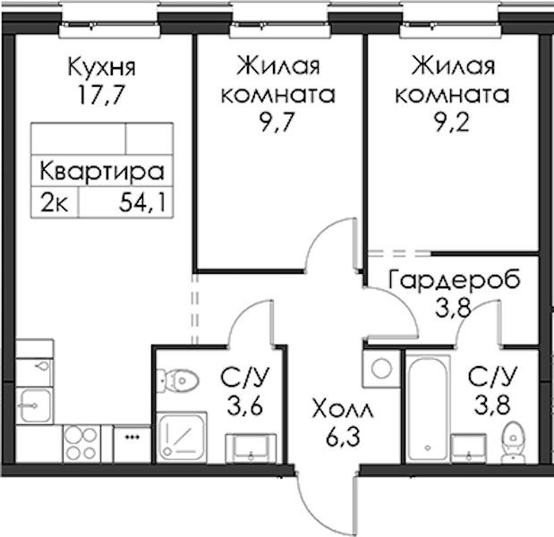 2-комнатная квартира 54.1 м², 9/12 эт., ЖК «Шкиперский 19»